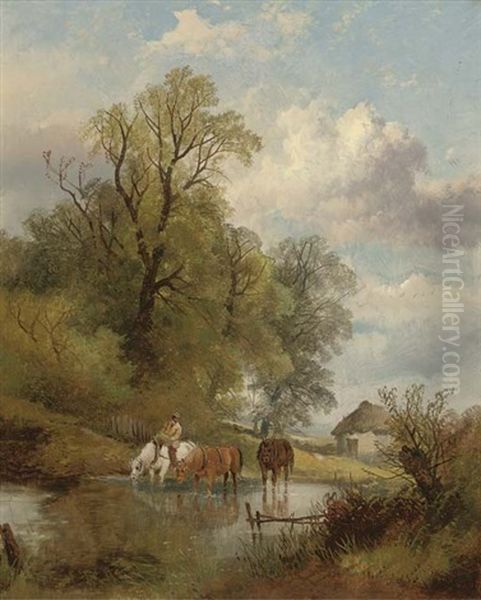 Watering The Horses Oil Painting by Joseph Horlor