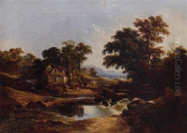 A Drover With Cattle In A River Landscape Oil Painting by Joseph Horlor