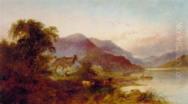 Cattle Watering Before A Cottage In A Mountainous Landscape by Joseph Horlor