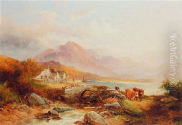 Scottish Mountain Landscape With Cattle In Foreground Oil Painting by Joseph Horlor