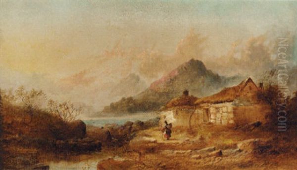 A Figure Before A Cottage In A Landscape Oil Painting by Joseph Horlor