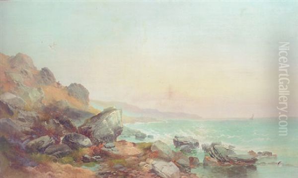 Figures On A Rocky Coast At Sunset Oil Painting by Joseph Horlor