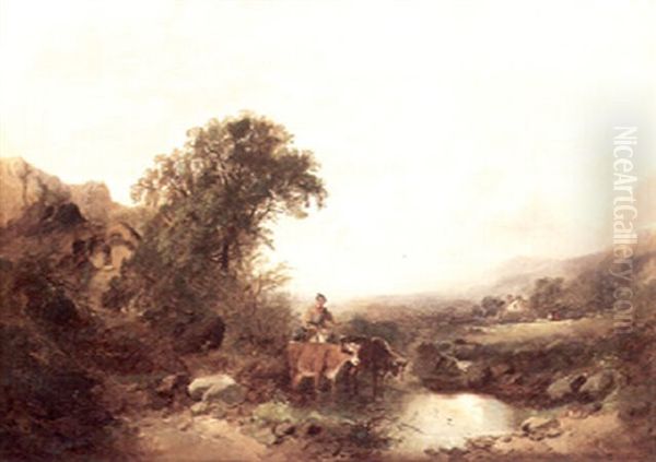 An Extensive Highland Landscape With A Cowherd And Cattle In The Foreground Oil Painting by Joseph Horlor