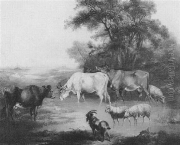 Cattle In A River Landscape Oil Painting by Joseph Horlor