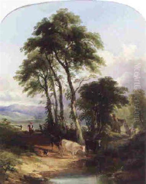 Cattle Crossing A Sunlit Stream Oil Painting by Joseph Horlor