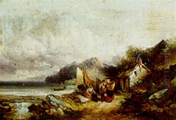 Fishermen Resting By A Coastal Cottage Oil Painting by Joseph Horlor