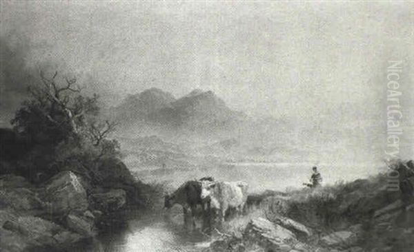 Figure And Cattle In A Landscape Oil Painting by Joseph Horlor