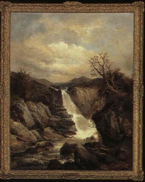 A Welsh Waterfall Oil Painting by Joseph Horlor