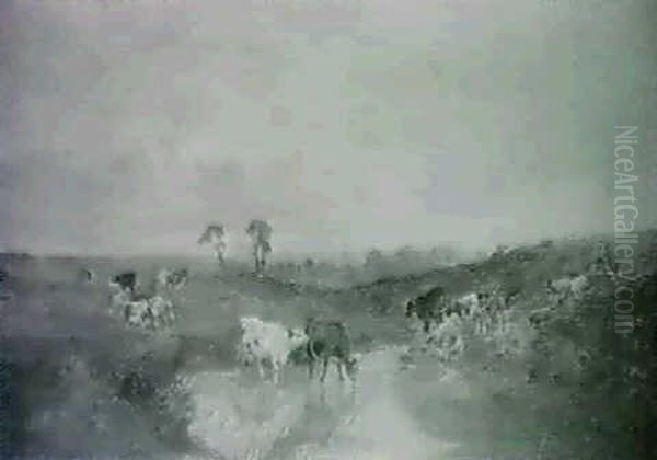 A Rural Landscape With Cattle Watering Oil Painting by Joseph Horlor