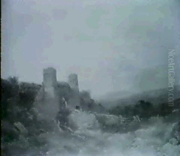 Figures By A Ruined Gatehouse In A Mountainous Landscape Oil Painting by Joseph Horlor