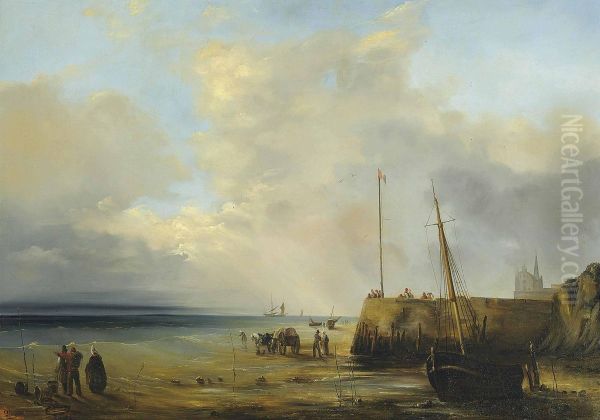 Fishermen At The Harbour Wall, Low Tide Oil Painting by Jean Antoine Theodore Baron Gudin