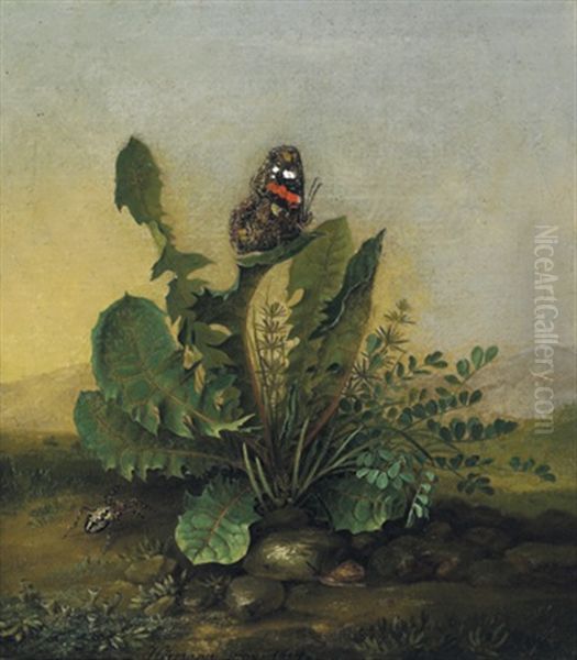 Lowenzahn Und Schmetterling Oil Painting by Joseph Ignaz Hoermann