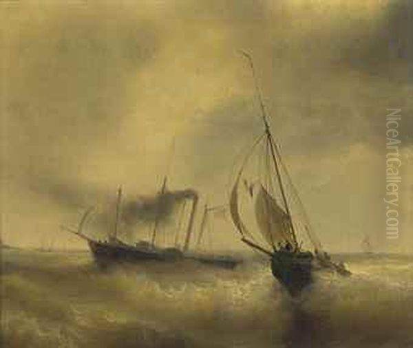 A Paddle Steamer Passing A French Fishing Vessel In Roughwaters Oil Painting by Jean Antoine Theodore Baron Gudin