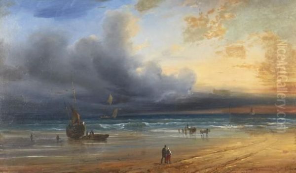 Bateaux Et Chevaux Sur La Greve A Maree Basse Oil Painting by Jean Antoine Theodore Baron Gudin