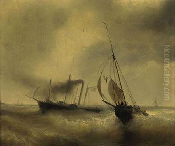 A Paddle Steamer Passing A French Fishing Vessel In Rough Waters Oil Painting by Jean Antoine Theodore Baron Gudin