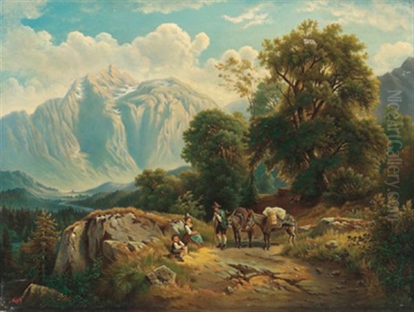 Gebirgslandschaft Mit Bauern Und Tragetieren Oil Painting by Theodor von Hoermann