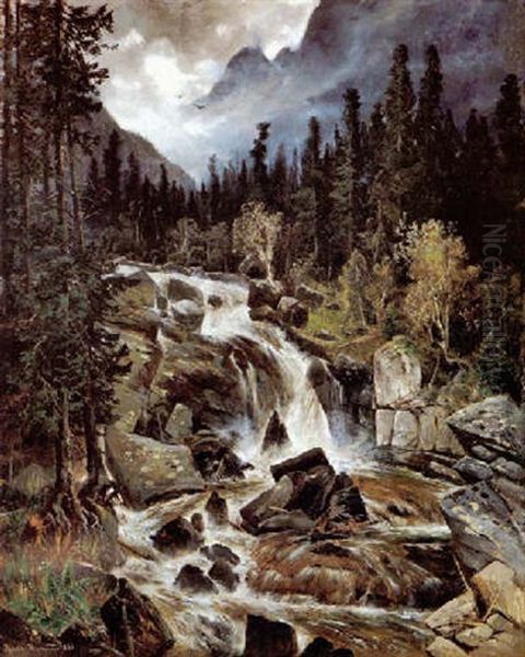 Wasserfall Im Kolbach Thale Hohe Tatra Oil Painting by Theodor von Hoermann