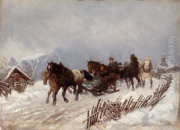 Schlittenfahrt In Verschneiter Dorflandschaft Oil Painting by Theodor von Hoermann