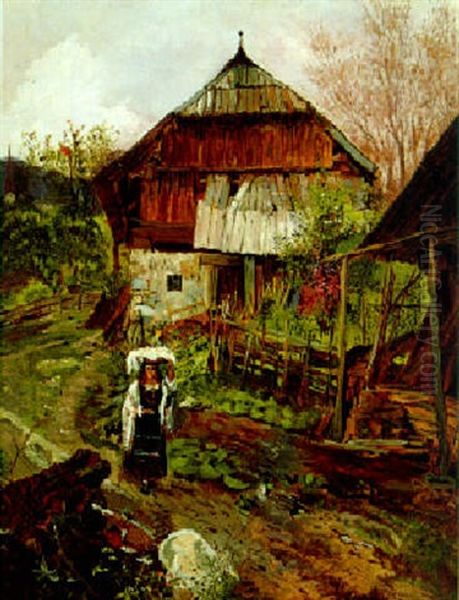 Bauerngehoft Mit Madchen Im Vordergrund Oil Painting by Theodor von Hoermann