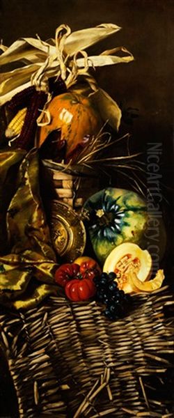 Stilleben Mit Kurbissen, Melone, Trauben Und Tomaten Sowie Maiskolben Und Messingteller Oil Painting by Margarete Hormuth-Kallmorgen