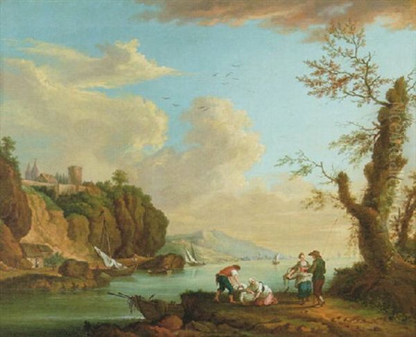 Premiere Vue Des Envirins De Caudebec En Normandie - Sjolandskap Med Figurer Oil Painting by Adam (af Ekebyholm) Horn