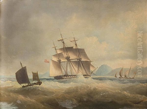 Britischer Dreimaster Auf Unruhiger See Vor Kuste Oil Painting by Thomas Lyde Hornbrook