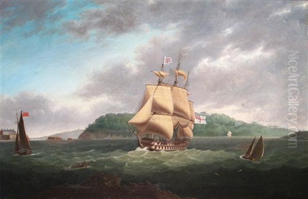 A 70 Gun Ship In Barn Pool Off Plymouth Sound With Mount Edgecumbe Beyond Oil Painting by Thomas Lyde Hornbrook