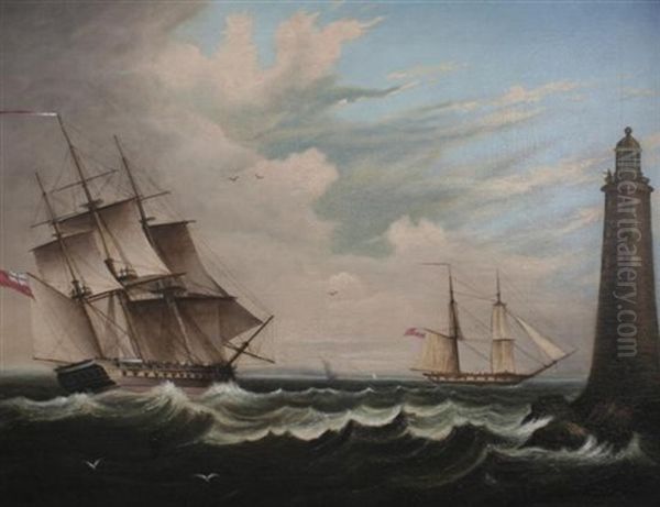 A Frigate In Two Positions Alongside A Lighthouse Oil Painting by Thomas Lyde Hornbrook