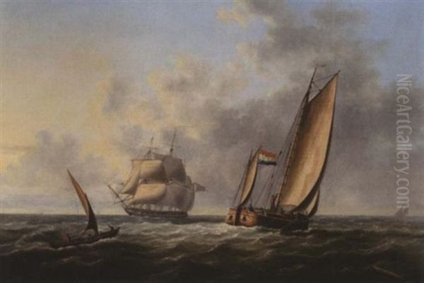 A Frigate Under Reduced Sail Off Shore With A Dutch Barge Running Past Her Stern Oil Painting by Thomas Lyde Hornbrook