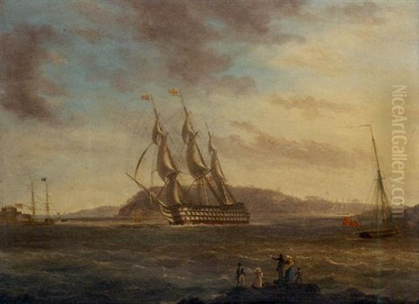 A First Rate Making Her Way Down Plymouth Sound In A Stiff Breeze, With Drake's Island Off Her Starboard Bow Oil Painting by Thomas Lyde Hornbrook