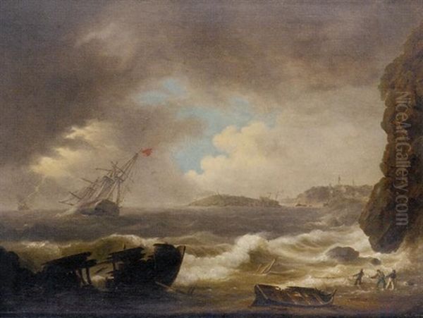 The Aftermath Of The Great Gale - A Frigate In Distress In Plymouth Sound With Two Wrecks Off Drake's Island Oil Painting by Thomas Lyde Hornbrook