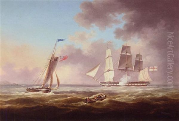 An English Frigate And Other Vessels In A Choppy Sea (off Guernsey?) Oil Painting by Thomas Lyde Hornbrook