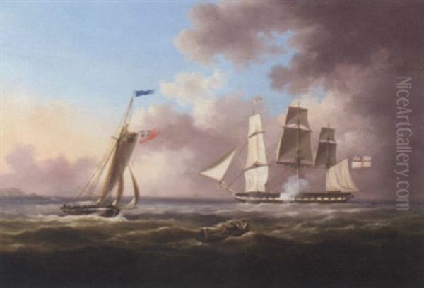 A Frigate Hove-to And Signalling For A Pilot Said To Be Off The Approaches Of Guernsey Oil Painting by Thomas Lyde Hornbrook