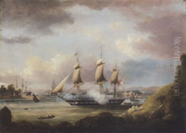 A Royal Naval Frigate Announcing Its Arrical In The Hamoaze, Plymouth Sound Oil Painting by Thomas Lyde Hornbrook