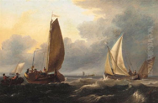 Dutch Barges In Coastal Waters Oil Painting by Thomas Lyde Hornbrook