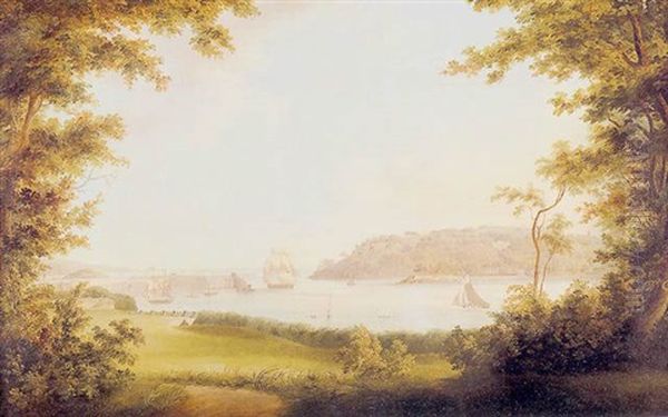 Estuary Scene With Naval Shipping, Mount Edgecumbe House Beyond Oil Painting by Thomas Lyde Hornbrook