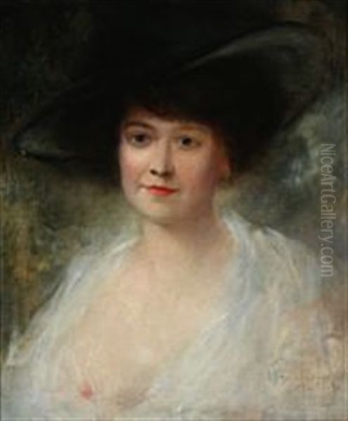 Portrait Of A Woman With A Hat Oil Painting by Leon Hornecker