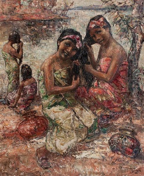 Burmese Girls Washing By The River Oil Painting by Edward Atkinson Hornel