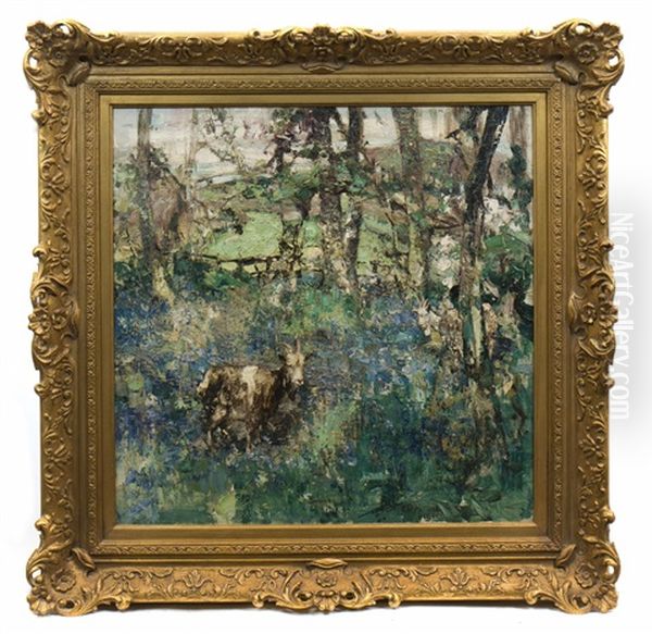 Goats Amidst Bluebells And Birches Oil Painting by Edward Atkinson Hornel