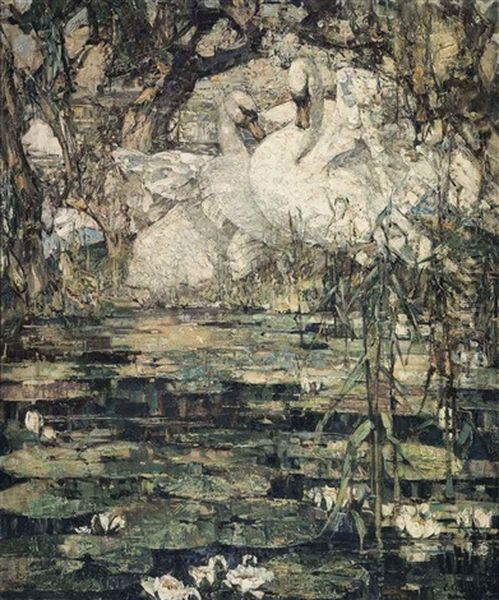 Swans & Waterlilies Oil Painting by Edward Atkinson Hornel