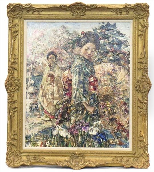 Summer In A Japanese Garden Oil Painting by Edward Atkinson Hornel