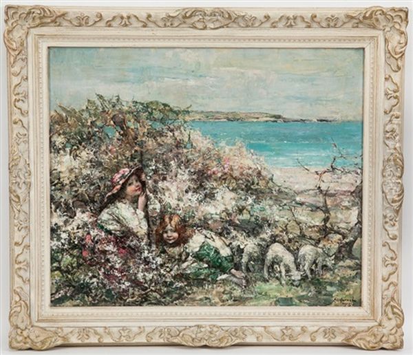 Two Girls And Lambs At Brighouse Bay Oil Painting by Edward Atkinson Hornel