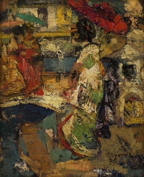 Japanese Girls By An Ornamental Pond Oil Painting by Edward Atkinson Hornel