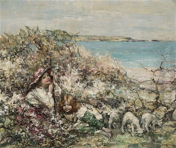 Children And Lambs, Brighouse Bay Oil Painting by Edward Atkinson Hornel