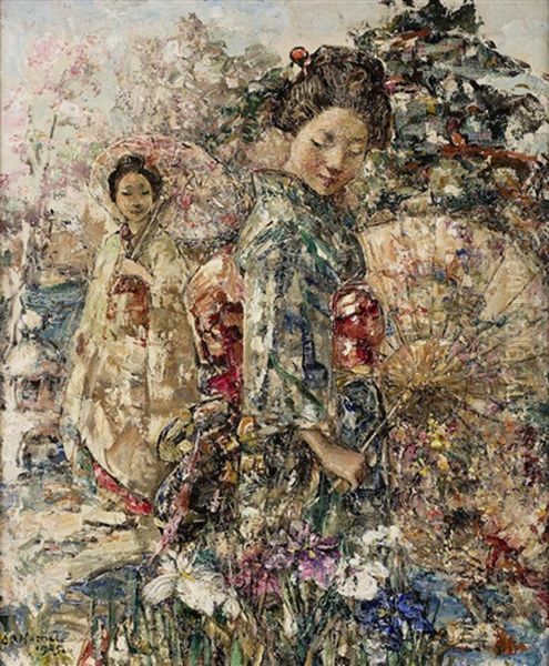 Summer In A Japanese Garden Oil Painting by Edward Atkinson Hornel