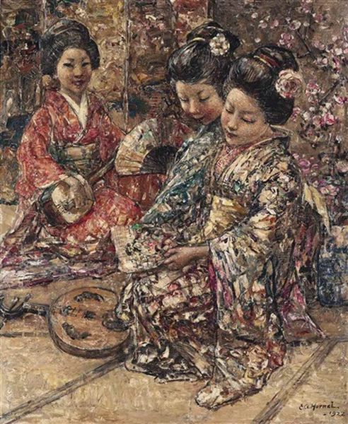 Japanese Geisha Girls Oil Painting by Edward Atkinson Hornel