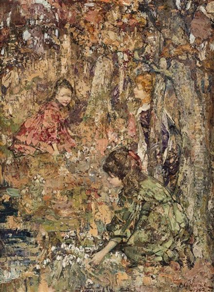 Three Girls Picking Snow Drops Oil Painting by Edward Atkinson Hornel