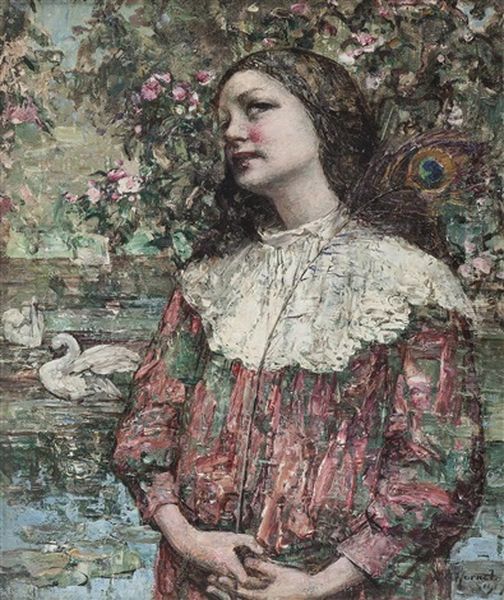 Girl With Peacock Feather Oil Painting by Edward Atkinson Hornel