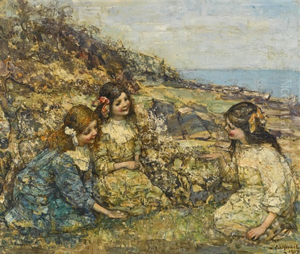 Blowing The Dandelion Oil Painting by Edward Atkinson Hornel