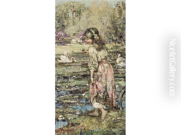 Girl And Swans Oil Painting by Edward Atkinson Hornel